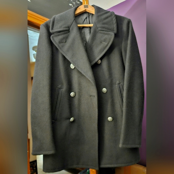 Vintage 1979 Authentic US NAVY Issue Double Breasted Black Pea Coat Size 36R - Picture 1 of 8